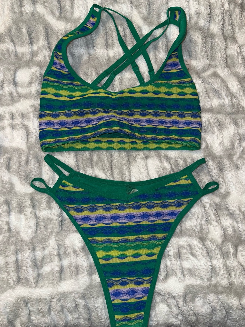 Fashion Nova Green Blue Striped Wave Bikini Set